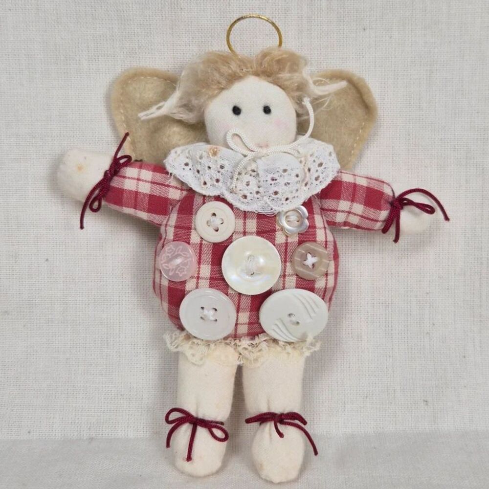 Vintage Folk Art Plaid Fabric Angel Doll Christmas Ornament